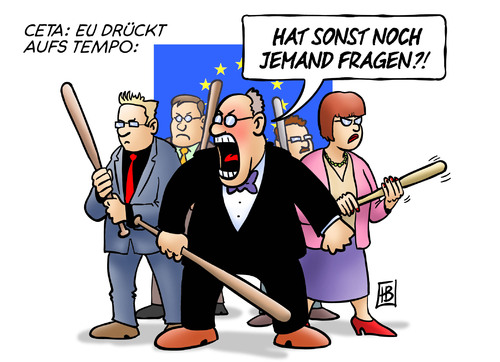 Cartoon: EU und Ceta (medium) by Harm Bengen tagged ceta,eu,tempo,gewalt,freihandelsabkommen,europa,kanada,fragen,baseballschlaeger,wallonien,harm,bengen,cartoon,karikatur,ceta,eu,tempo,gewalt,freihandelsabkommen,europa,kanada,fragen,baseballschlaeger,wallonien,harm,bengen,cartoon,karikatur