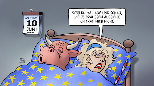 Cartoon: Europa am Morgen (medium) by Harm Bengen tagged 10,juni,montag,kalender,europa,stier,bett,schlafen,angst,aufstehen,europawahl,harm,bengen,cartoon,karikatur,10,juni,montag,kalender,europa,stier,bett,schlafen,angst,aufstehen,europawahl,harm,bengen,cartoon,karikatur