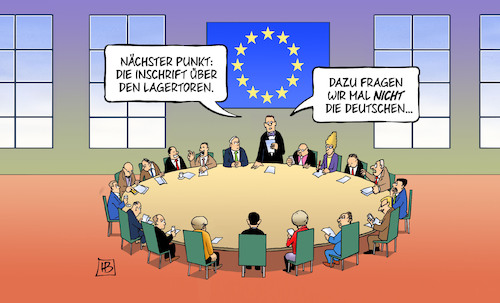 Cartoon: Europäische Asylpolitik (medium) by Harm Bengen tagged europäische,asylpolitik,gipfel,eu,inschrift,lagertore,deutschen,kzs,konzentrationslager,afrika,libyen,harm,bengen,cartoon,karikatur,europäische,asylpolitik,gipfel,eu,inschrift,lagertore,deutschen,kzs,konzentrationslager,afrika,libyen,harm,bengen,cartoon,karikatur