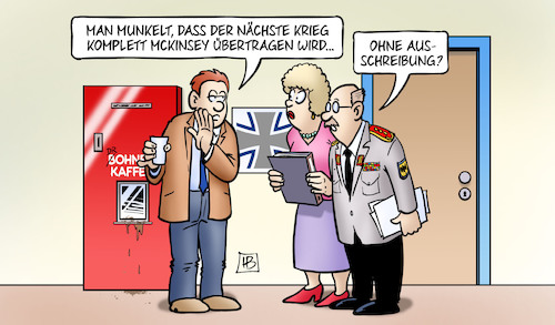 Cartoon: Externe Berater (medium) by Harm Bengen tagged munkeln,krieg,mckinsey,ausschreibung,bundeswehr,leyen,externe,berater,vergabepraxis,korruption,bestechung,harm,bengen,cartoon,karikatur,munkeln,krieg,mckinsey,ausschreibung,bundeswehr,leyen,externe,berater,vergabepraxis,korruption,bestechung,harm,bengen,cartoon,karikatur