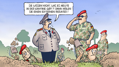 Cartoon: Externe Beratung (medium) by Harm Bengen tagged externe,beratung,kantine,bundeswehr,soldaten,berater,verteidigungshaushalt,honorare,kosten,von,der,leyen,harm,bengen,cartoon,karikatur,externe,beratung,kantine,bundeswehr,soldaten,berater,verteidigungshaushalt,honorare,kosten,von,der,leyen,harm,bengen,cartoon,karikatur