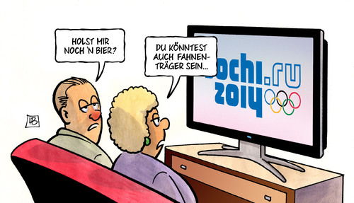 Cartoon: Fahnenträger (medium) by Harm Bengen tagged fahnenträger,bier,tv,fernsehen,sotschi,olympia,winterspiele,winterolympiade,russland,putin,ringe,harm,bengen,cartoon,karikatur,fahnenträger,bier,tv,fernsehen,sotschi,olympia,winterspiele,winterolympiade,russland,putin,ringe,harm,bengen,cartoon,karikatur