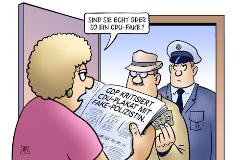 Cartoon: Fake-Polizei (medium) by Harm Bengen tagged cdu,fake,gdp,wahlplakat,plakat,polizistin,polizei,haustür,zeitung,lesen,bundestagswahl,kampagne,wahlkampagne,harm,bengen,cartoon,karikatur,cdu,fake,gdp,wahlplakat,plakat,polizistin,polizei,haustür,zeitung,lesen,bundestagswahl,kampagne,wahlkampagne,harm,bengen,cartoon,karikatur