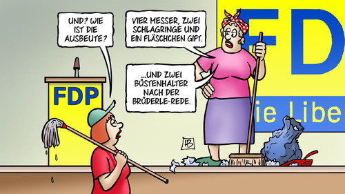 Cartoon: FDP-Ausbeute (medium) by Harm Bengen tagged dirndl,rösler,brüderle,sexismus,bh,büstenhalter,parteitag,fdp,wahlen,streit,intrige,gift,schlagringe,messer,ausbeute,karikatur,cartoon,bengen,harm,putzfrauen,rede,ausbeute,messer,schlagringe,gift,intrige,streit,wahlen,fdp,parteitag,büstenhalter,bh,sexismus,brüderle,rösler,dirndl,rede,putzfrauen,harm,bengen,cartoon,karikatur