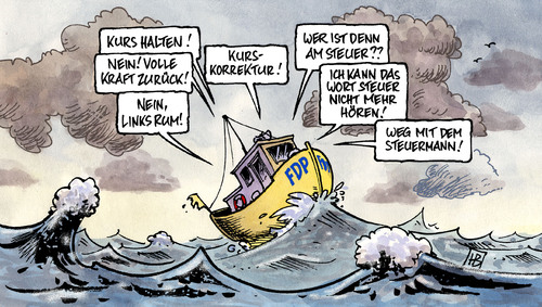 Cartoon: FDP-Kurskorrektur (medium) by Harm Bengen tagged fdp,kurskorrektur,westerwelle,steuer,steuererhöhung,senkungsenkung,mehrwertsteuer,programm,ausrichtung,steuermann,vorsitzender,schiff,see,himmel,sturm,rückwärts,vorwärts,umfragen,verzweiflung,fdp,kurskorrektur,guido westerwelle,steuer,steuererhöhung,senkungsenkung,mehrwertsteuer,programm,ausrichtung,guido,westerwelle