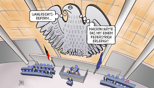 Cartoon: Federstrich (medium) by Harm Bengen tagged wahlrechtsreform,rentenreform,frankreich,protest,bundestag,adler,bundesadler,macron,federstrich,harm,bengen,cartoon,karikatur,wahlrechtsreform,rentenreform,frankreich,protest,bundestag,adler,bundesadler,macron,federstrich,harm,bengen,cartoon,karikatur