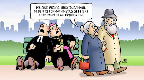 Cartoon: Feiertage (medium) by Harm Bengen tagged halloween,feiertage,reformationstag,gefeiert,allerheiligen,kirche,evangelisch,katholisch,bank,stadtkulisse,susemil,harm,bengen,cartoon,karikatur,halloween,feiertage,reformationstag,gefeiert,allerheiligen,kirche,evangelisch,katholisch,bank,stadtkulisse,susemil,harm,bengen,cartoon,karikatur