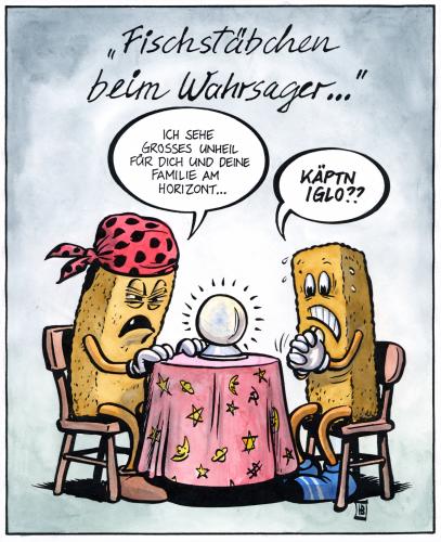 Cartoon: Fischstäbchen beim Wahrsager (medium) by Harm Bengen tagged fischstäbchen,wahrsager,käptn,iglo,kristallkugel,aberglaube,astrologie,essen,ernährung,fischerei,fisch,fischstäbchen,wahrsager,käptn,iglo,marke,produkt,unheil,zukunft,kugel,kristallkugel,angst,gefahr,fischfang,hochseefischerei,fangquoten,fischtrawler,kinderteller,nährwert,kabeljau,seelachs,horror,panik,zukunftsangst,paniert,panade,fritiert,friteuse,fischer,fischerei,fischerboot,fischfabrik,fischfilet,grätenfrei,mayonaise,zitrone,fertiggericht,schnellgericht,überfischung,fan,fangflotte,artensterben,artenschutz,fangverbot,fangquote,fischereination,hoheitsgewässer