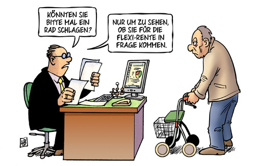 Cartoon: Flexi-Rente (medium) by Harm Bengen tagged rad,schlagen,rollator,rente,flexirente,amt,behörde,beamter,alter,gesundheit,arbeit,ruhestand,harm,bengen,cartoon,karikatur,rad,schlagen,rollator,rente,flexirente,amt,behörde,beamter,alter,gesundheit,arbeit,ruhestand,harm,bengen,cartoon,karikatur