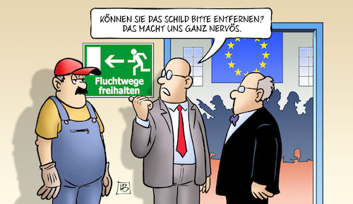 Cartoon: Fluchtwege freihalten (medium) by Harm Bengen tagged schild,entfernen,fluchtwege,freihalten,ministerrat,lager,aussengrenzen,europa,eu,grenzen,abschrecken,immigration,flucht,flüchtlinge,asylreform,abschreckung,arbeiter,harm,bengen,cartoon,karikatur,schild,entfernen,fluchtwege,freihalten,ministerrat,lager,aussengrenzen,europa,eu,grenzen,abschrecken,immigration,flucht,flüchtlinge,asylreform,abschreckung,arbeiter,harm,bengen,cartoon,karikatur