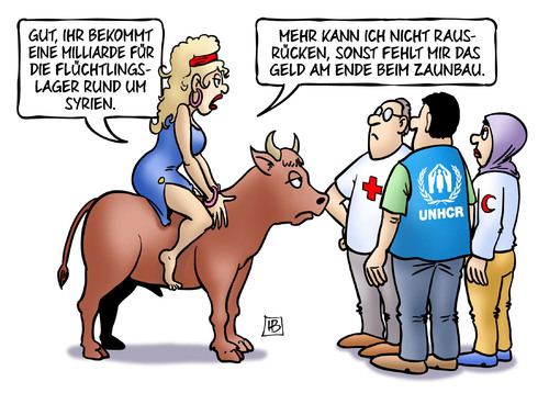 Cartoon: Flüchtlingshilfe (medium) by Harm Bengen tagged eu,europa,stier,rotes,kreuz,halbmond,unhcr,milliarde,flüchtlingslager,syrien,geld,zaunbau,zaun,flüchtlinge,asyl,harm,bengen,cartoon,karikatur,eu,europa,stier,rotes,kreuz,halbmond,unhcr,milliarde,flüchtlingslager,syrien,geld,zaunbau,zaun,flüchtlinge,asyl,harm,bengen,cartoon,karikatur