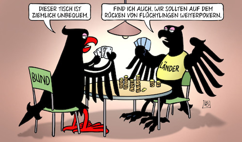 Cartoon: Flüchtlingspoker (medium) by Harm Bengen tagged tisch,unbequem,adler,bundesadler,pokern,kartenspiel,bund,länder,rücken,flüchtlinge,migration,harm,bengen,cartoon,karikatur,tisch,unbequem,adler,bundesadler,pokern,kartenspiel,bund,länder,rücken,flüchtlinge,migration,harm,bengen,cartoon,karikatur