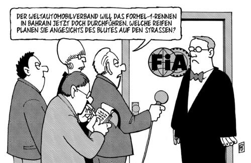 Cartoon: Formel 1 in Bahrein (medium) by Harm Bengen tagged formel 1,bahrein,menschenrechte,aufstand,unterdrückung,arabien,arabischer,frühling,auto,automobil,automobilverband,entscheidung,autos,formel,fifa