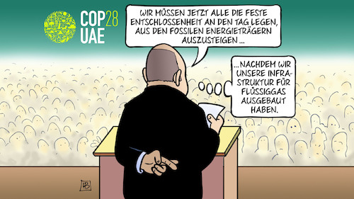 Cartoon: Fossiler Scholz (medium) by Harm Bengen tagged fossile,energieträger,aussteigen,infrastruktur,flüssiggas,finger,kreuzen,lügen,bundeskanzler,scholz,rede,cop28,klimakonferenz,dubai,harm,bengen,cartoon,karikatur,fossile,energieträger,aussteigen,infrastruktur,flüssiggas,finger,kreuzen,lügen,bundeskanzler,scholz,rede,cop28,klimakonferenz,dubai,harm,bengen,cartoon,karikatur