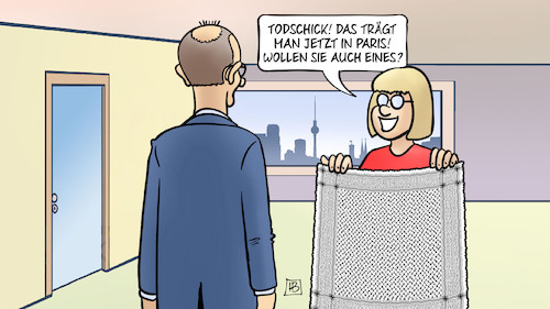 Cartoon: Frankreich erkennt Palästina an (medium) by Harm Bengen tagged todschick,paris,berlin,merz,mode,palästinatuch,tuch,kufiya,nahost,macron,anerkennung,staat,harm,bengen,cartoon,karikatur,todschick,paris,berlin,merz,mode,palästinatuch,tuch,kufiya,nahost,macron,anerkennung,staat,harm,bengen,cartoon,karikatur