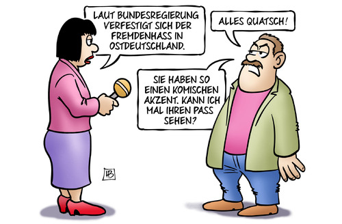 Cartoon: Fremdenhass (medium) by Harm Bengen tagged bundesregierung,verfestigt,fremdenhass,ostdeutschland,ausländerfeindlichkeit,rassismus,akzent,pass,ausweis,interview,harm,bengen,cartoon,karikatur,bundesregierung,verfestigt,fremdenhass,ostdeutschland,ausländerfeindlichkeit,rassismus,akzent,pass,ausweis,interview,harm,bengen,cartoon,karikatur