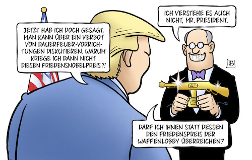 Cartoon: Friedensnobelpreis und Trump (medium) by Harm Bengen tagged verbot,dauerfeuervorrichtungen,friedensnobelpreis,president,praesident,trump,nra,waffenlobby,schiessen,las,vegas,massaker,amoklauf,sterben,schusswaffen,waffenrecht,usa,harm,bengen,cartoon,karikatur,verbot,dauerfeuervorrichtungen,friedensnobelpreis,president,praesident,trump,nra,waffenlobby,schiessen,las,vegas,massaker,amoklauf,sterben,schusswaffen,waffenrecht,usa,harm,bengen,cartoon,karikatur