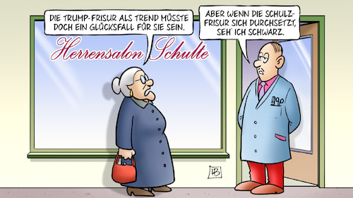 Cartoon: Frisuren-Trends (medium) by Harm Bengen tagged frisuren,trends,frisoer,glücksfall,susemil,martin,schulz,präsident,trump,usa,harm,bengen,cartoon,karikatur,frisuren,trends,frisoer,glücksfall,susemil,martin,schulz,präsident,trump,usa,harm,bengen,cartoon,karikatur