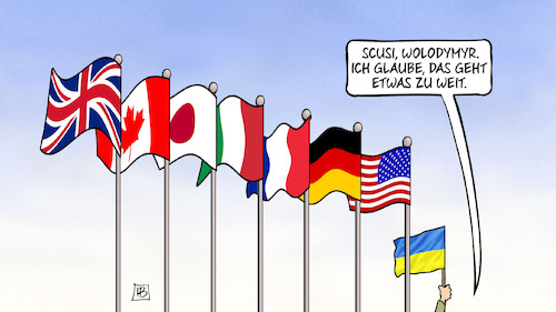 Cartoon: G7 plus Selenskyj (medium) by Harm Bengen tagged wolodymyr,selenskyj,g7,italien,fahnen,flaggen,ukraine,krieg,hilfe,harm,bengen,cartoon,karikatur,wolodymyr,selenskyj,g7,italien,fahnen,flaggen,ukraine,krieg,hilfe,harm,bengen,cartoon,karikatur