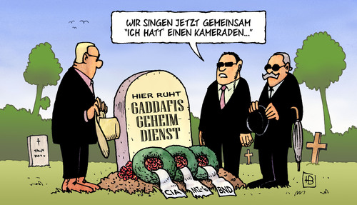 Cartoon: Gaddafis Geheimdienst (medium) by Harm Bengen tagged gaddafi,geheimdienst,libyen,revolution,rebellion,revolte,umsturz,agenten,zusammenarbeit,folter,terror,krieg,cia,mi6,bnd,deutschland,usa,england,uk,grossbritannien,grab,friedhof,kranz,schleife,trauer,gaddafi,geheimdienst,revolution,rebellion,revolte,agenten,umsturz,zusammenarbeit,folter,terror