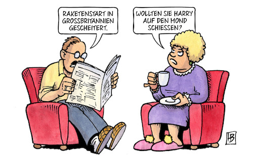 Cartoon: GB-Raketenstart (medium) by Harm Bengen tagged raketenstart,virgin,orbit,grossbritannien,gescheitert,mond,prinz,harry,charles,könig,royals,gb,uk,streit,familie,harm,bengen,cartoon,karikatur,raketenstart,virgin,orbit,grossbritannien,gescheitert,mond,prinz,harry,charles,könig,royals,gb,uk,streit,familie,harm,bengen,cartoon,karikatur