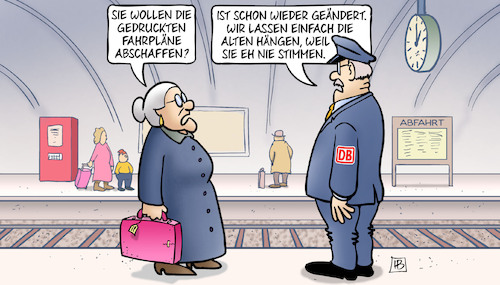 Cartoon: Gedruckte Fahrpläne (medium) by Harm Bengen tagged gedruckte,fahrpläne,abschaffen,bahnhof,bahnsteig,db,bahn,susemil,pünktlichkeit,zuverlässigkeit,harm,bengen,cartoon,karikatur,gedruckte,fahrpläne,abschaffen,bahnhof,bahnsteig,db,bahn,susemil,pünktlichkeit,zuverlässigkeit,harm,bengen,cartoon,karikatur