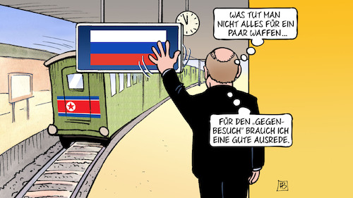 Cartoon: Gegenbesuch (medium) by Harm Bengen tagged gegenbesuch,ausrede,waffen,raketen,deal,kim,jong,un,nordkorea,reise,zug,bahnhof,bahnsteig,wladiwostok,russland,ukraine,krieg,harm,bengen,cartoon,karikatur,gegenbesuch,ausrede,waffen,raketen,deal,kim,jong,un,nordkorea,reise,zug,bahnhof,bahnsteig,wladiwostok,russland,ukraine,krieg,harm,bengen,cartoon,karikatur