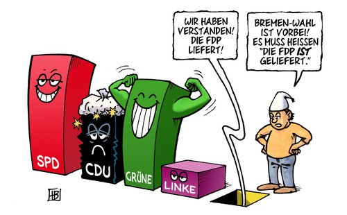 Cartoon: Geliefert (medium) by Harm Bengen tagged bremen,wahl,landtagswahl,bürgerschaftswahl,bürgerschaft,parlament,cdu,spd,fdp,grüne,linke,liefern,geliefert,bremen,wahl,landtagswahl,bürgerschaftswahl,bürgerschaft,parlament,cdu,spd,fdp,linke,liefern,geliefert