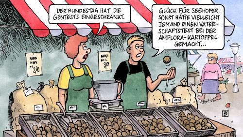 Cartoon: Gentest (medium) by Harm Bengen tagged gentest,gentechnologie,vaterschaft,vaterschaftstest,ilse,aigner,horst,seehofer,genmais,mais,genkartoffel,amflora,basf,csu,cartoon,cartoons,markt,gemüsemarkt,verkauf,handel,verbraucher,lebensmittel,nahrung,essen,enährung,gentest,gent,test,manipulation,biologie,genetik,gene,gen,genmanipulation,vaterschaftstest,vaterschaft,vater,väter,ilse aigner,horst seehofer,genmais,mais,genkartoffel,amflora,basf,csu,kartoffeln,kartoffel,politik,landwirtschaft,agrarwirtschaft,ilse,aigner,horst,seehofer