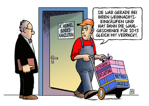 Cartoon: Geschenkverpackung (medium) by Harm Bengen tagged geschenkverpackung,geschenk,verpackung,paket,merkel,bundeskanzlerin,wahl,wahlgeschenke,2013,cdu,csu,fdp,koalition,steuer,steuererleichterungen,steuerentlastungen,betreuungsgeld,weihnachten,einkauf,verpacken,packung,geschenkverpackung,geschenk,verpackung,paket,merkel,bundeskanzlerin,wahlgeschenke,2013,cdu,csu,fdp,koalition