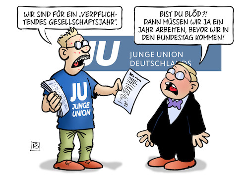 Cartoon: Gesellschaftsjahr (medium) by Harm Bengen tagged verpflichtendes,gesellschaftsjahr,arbeiten,bundestag,wehrpflicht,dienstpflicht,junge,union,cdu,kinder,jugendliche,harm,bengen,cartoon,karikatur,verpflichtendes,gesellschaftsjahr,arbeiten,bundestag,wehrpflicht,dienstpflicht,junge,union,cdu,kinder,jugendliche,harm,bengen,cartoon,karikatur