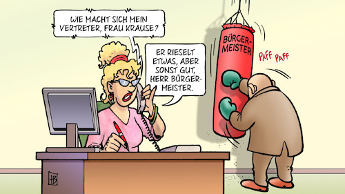 Cartoon: Gewalt gegen Bürgermeister (medium) by Harm Bengen tagged gewalt,gegen,bürgermeister,lokalpolitiker,anfeindungen,hetze,boxsack,sandsack,boxen,sekretaerin,vertreter,harm,bengen,cartoon,karikatur,gewalt,gegen,bürgermeister,lokalpolitiker,anfeindungen,hetze,boxsack,sandsack,boxen,sekretaerin,vertreter,harm,bengen,cartoon,karikatur