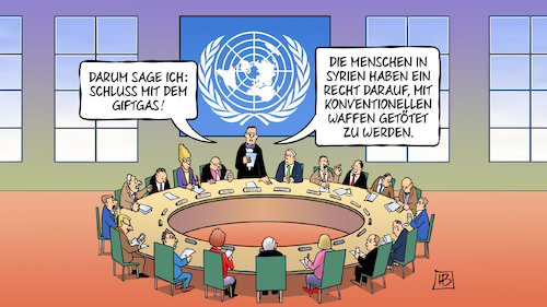 Cartoon: Giftgas (medium) by Harm Bengen tagged giftgas,un,vereinte,nationen,sicherheitsrat,krieg,syrien,assad,recht,konventionelle,waffen,töten,tod,harm,bengen,cartoon,karikatur,giftgas,un,vereinte,nationen,sicherheitsrat,krieg,syrien,assad,recht,konventionelle,waffen,töten,tod,harm,bengen,cartoon,karikatur