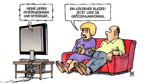 Cartoon: Goldener Blazer (medium) by Harm Bengen tagged goldener,blazer,jacke,gold,merkel,bundeskanzlerin,kommentar,mode,neujahrsansprache,silvesteransprache,grössenwahnsinnig,herrschaft,regentschaft,harm,bengen,cartoon,karikatur,goldener,blazer,jacke,gold,merkel,bundeskanzlerin,kommentar,mode,neujahrsansprache,silvesteransprache,grössenwahnsinnig,herrschaft,regentschaft,harm,bengen,cartoon,karikatur