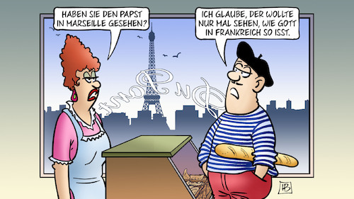 Cartoon: Gott in Frankreich (medium) by Harm Bengen tagged papst,marseille,gott,frankreich,essen,bäckerei,paris,harm,bengen,cartoon,karikatur,papst,marseille,gott,frankreich,essen,bäckerei,paris,harm,bengen,cartoon,karikatur