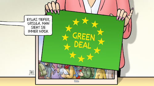 Cartoon: Green-Deal-Vorstellung (medium) by Harm Bengen tagged green,deal,vorstellung,ursula,von,der,leyen,klimawandel,klimapolitik,migration,fluechtlinge,griechenland,harm,bengen,cartoon,karikatur,green,deal,vorstellung,ursula,von,der,leyen,klimawandel,klimapolitik,migration,fluechtlinge,griechenland,harm,bengen,cartoon,karikatur