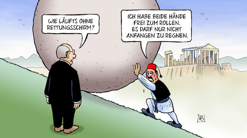 Cartoon: Griechenland ohne Schirm (medium) by Harm Bengen tagged griechenland,rettungsschirm,hände,rollen,rettung,kredite,regen,sisyphus,sisyphos,harm,bengen,cartoon,karikatur,griechenland,rettungsschirm,hände,rollen,rettung,kredite,regen,sisyphus,sisyphos,harm,bengen,cartoon,karikatur