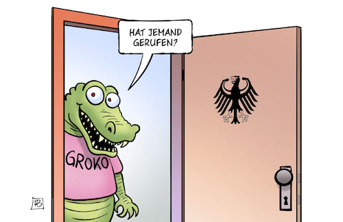 Cartoon: Groko reloaded (medium) by Harm Bengen tagged groko,reloaded,gerufen,krokodil,minderheitsregierung,spd,regierung,jamaika,cdu,csu,fdp,grüne,koalition,sondierungen,harm,bengen,cartoon,karikatur,groko,reloaded,gerufen,krokodil,minderheitsregierung,spd,regierung,jamaika,cdu,csu,fdp,grüne,koalition,sondierungen,harm,bengen,cartoon,karikatur