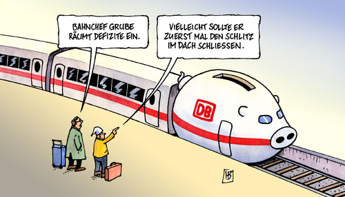 Cartoon: Grubes Defizite (medium) by Harm Bengen tagged grube,bahnchef,defizite,defizit,winter,sommer,hitze,kälte,einsparungen,sparen,sparschwein,schäuble,haushalt,schlitz,dach,kunde,passagier,grube,bahnchef,defizite,defizit,winter,sommer,hitze,einsparungen,kälte,sparen,sparschwein,schäuble,haushalt,schlitz,dach,kunde,passagier