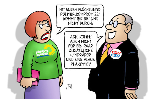 Cartoon: Grüne-Union-Flüchtlingspolitik (medium) by Harm Bengen tagged grüne,cdu,csu,union,flüchtlingspolitik,kompromiss,jamaika,sondierungsgespräche,koalition,windräder,blaue,plakette,harm,bengen,cartoon,karikatur,grüne,cdu,csu,union,flüchtlingspolitik,kompromiss,jamaika,sondierungsgespräche,koalition,windräder,blaue,plakette,harm,bengen,cartoon,karikatur