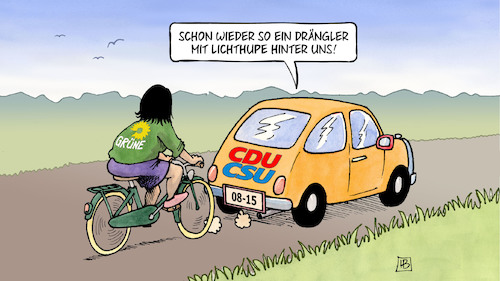 Cartoon: Grüne überholen (medium) by Harm Bengen tagged drängler,lichthupe,cdu,csu,union,grüne,umfragen,kfz,fahrradfahrerin,baerbock,wahlkampf,harm,bengen,cartoon,karikatur,drängler,lichthupe,cdu,csu,union,grüne,umfragen,kfz,fahrradfahrerin,baerbock,wahlkampf,harm,bengen,cartoon,karikatur