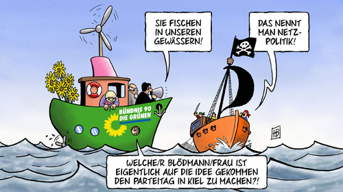 Cartoon: Grünen-Parteitag Kiel (medium) by Harm Bengen tagged grüne,parteitag,kiel,piraten,partei,netzpolitik,wähler,stimmenfang,konkurrenz,grüne,parteitag,kiel,piraten,partei,netzpolitik,wähler,stimmenfang,konkurrenz