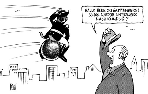 Cartoon: Guttenberg-Münchhausen (medium) by Harm Bengen tagged guttenberg,münchhausen,lügen,verteidigunsminister,kundus,afghanistan,tankwagen,bomabrdement,isaf,oberst,klein,vernichtung,zivile,opfer,kanonenkugel,reiten,grüßen,militär