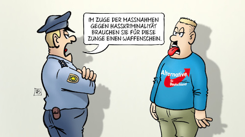 Cartoon: Hasskriminalität (medium) by Harm Bengen tagged massnahmen,rechtsextremismus,afd,nazis,hasskriminalität,hetze,zunge,waffenschein,polizei,polizist,harm,bengen,cartoon,karikatur,massnahmen,rechtsextremismus,afd,nazis,hasskriminalität,hetze,zunge,waffenschein,polizei,polizist,harm,bengen,cartoon,karikatur