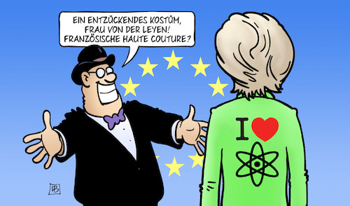 Cartoon: Haute Couture (medium) by Harm Bengen tagged kostüm,von,der,leyen,französische,frankreich,haute,couture,europa,eu,kommission,atomkraft,kernkraft,klimawandel,klimaschutz,taxonomie,kapitalist,harm,bengen,cartoon,karikatur,kostüm,von,der,leyen,französische,frankreich,haute,couture,europa,eu,kommission,atomkraft,kernkraft,klimawandel,klimaschutz,taxonomie,kapitalist,harm,bengen,cartoon,karikatur