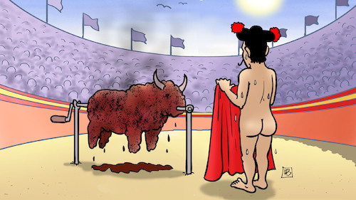 Cartoon: Hitze Spanien (medium) by Harm Bengen tagged hitze,hitzewelle,spanien,torero,stier,braten,gebraten,nackt,harm,bengen,cartoon,karikatur,hitze,hitzewelle,spanien,torero,stier,braten,gebraten,nackt,harm,bengen,cartoon,karikatur