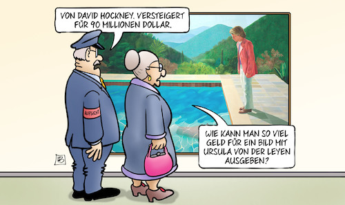 Cartoon: Hockney (medium) by Harm Bengen tagged maler,kunst,versteigerung,david,hockney,90,millionen,dollar,geld,bild,ursula,von,der,leyen,susemil,harm,bengen,cartoon,karikatur,maler,kunst,versteigerung,david,hockney,90,millionen,dollar,geld,bild,ursula,von,der,leyen,susemil,harm,bengen,cartoon,karikatur