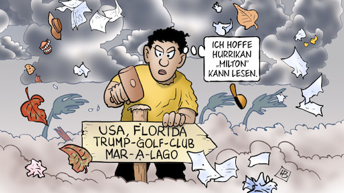 Cartoon: Hurrikan Milton (medium) by Harm Bengen tagged milton,trump,usa,florida,golfclub,hurrikan,wirbelsturm,klimaerwärmung,klimawandel,harm,bengen,cartoon,karikatur,milton,trump,usa,florida,golfclub,hurrikan,wirbelsturm,klimaerwärmung,klimawandel,harm,bengen,cartoon,karikatur