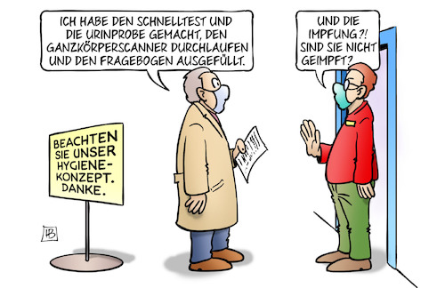 Cartoon: Hygienekonzept neu (medium) by Harm Bengen tagged hygienekonzept,schnelltest,urinprobe,ganzkörperscanner,fragebogen,impfung,geimpft,corona,lockerungen,harm,bengen,cartoon,karikatur,hygienekonzept,schnelltest,urinprobe,ganzkörperscanner,fragebogen,impfung,geimpft,corona,lockerungen,harm,bengen,cartoon,karikatur