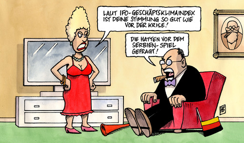 Cartoon: IFO-Klima und WM (medium) by Harm Bengen tagged ifo,geschäftsklimaindex,wm,umfrage,befragung,laune,erwartung,unternehmen,manager,konjunktur,krise,fußball,deutschland,serbien,spiel,vuvuzela,fahne,ifo,geschäftsklimaindex,wm,umfrage,befragung,laune,erwartung,unternehmen,manager,konjunktur,fußball,deutschland